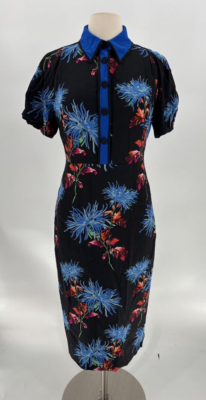 Diane Von Furstenberg Elly Dress Womens 8 Black Blue Floral Midi Buttons Silk